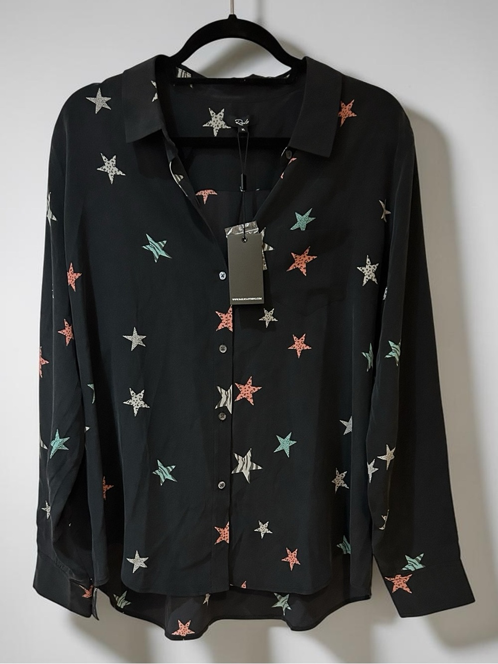 Rails Black Star Print Silk Button-Up Blouse XL. NWT
